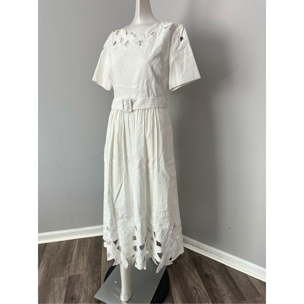 NWT SIMKHAI White Jilly Abstract Embroidery Short Sleeve Midi Dress US 4 $395 - Picture 4 of 10